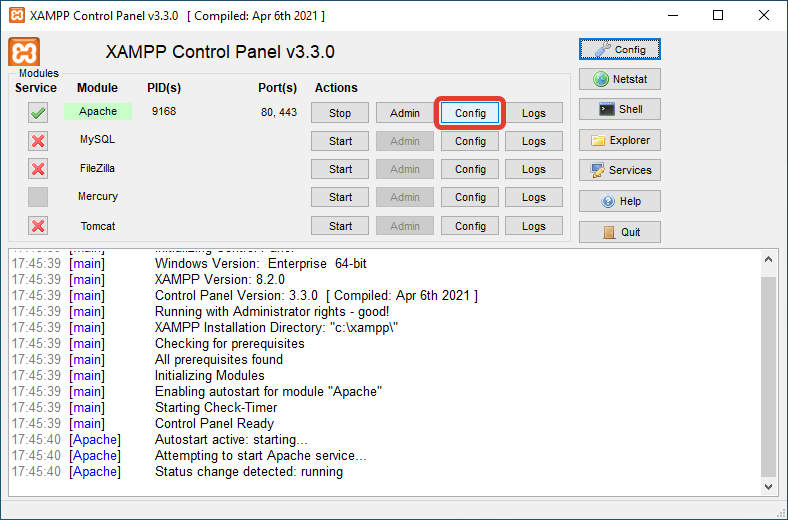 Кнопка для вызова меню конфигураций XAMPP