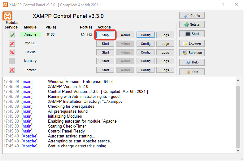 Остановка сервера Apache в XAMPP