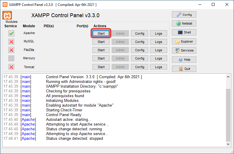 Запуск сервера Apache в XAMPP