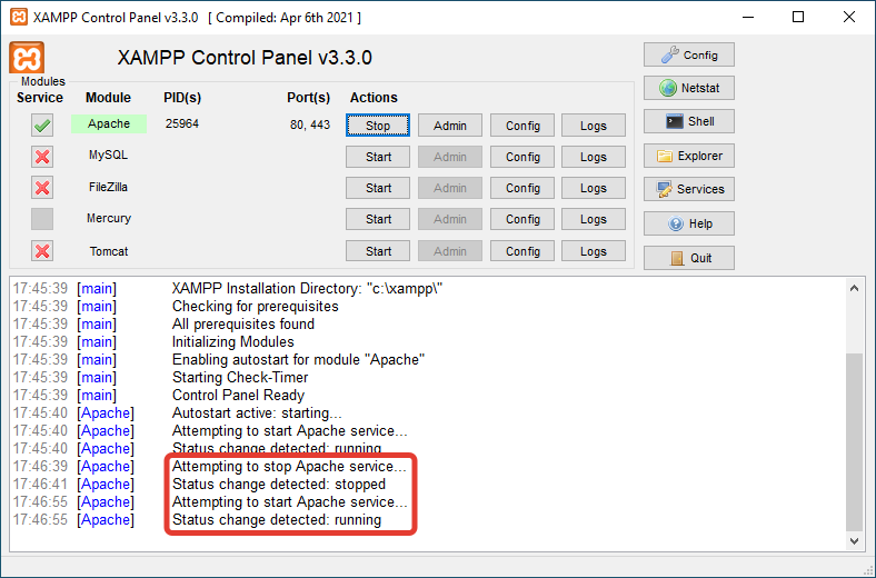 Проверка перезапуска Apache в логе XAMPP