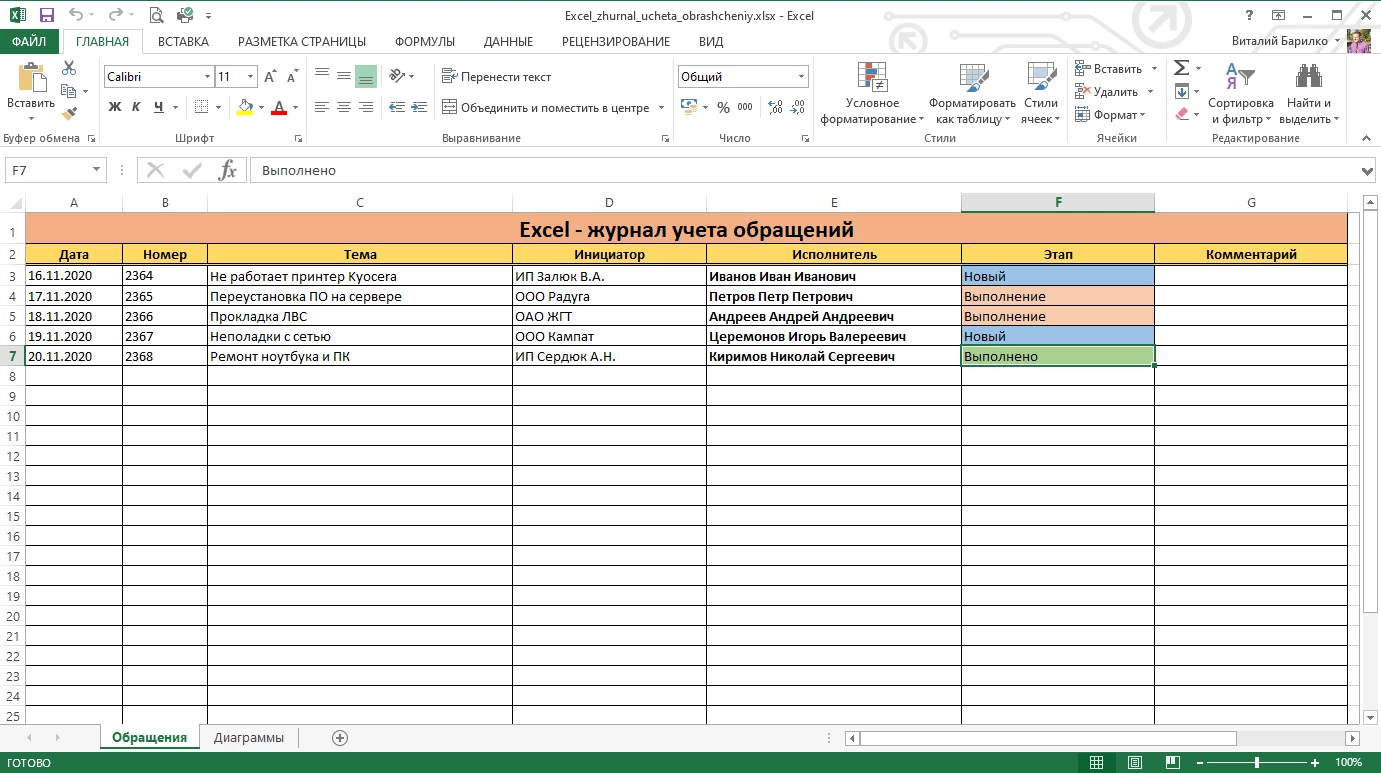 Excel учет. 1с учет обращений. Дневник обращений в интернете.